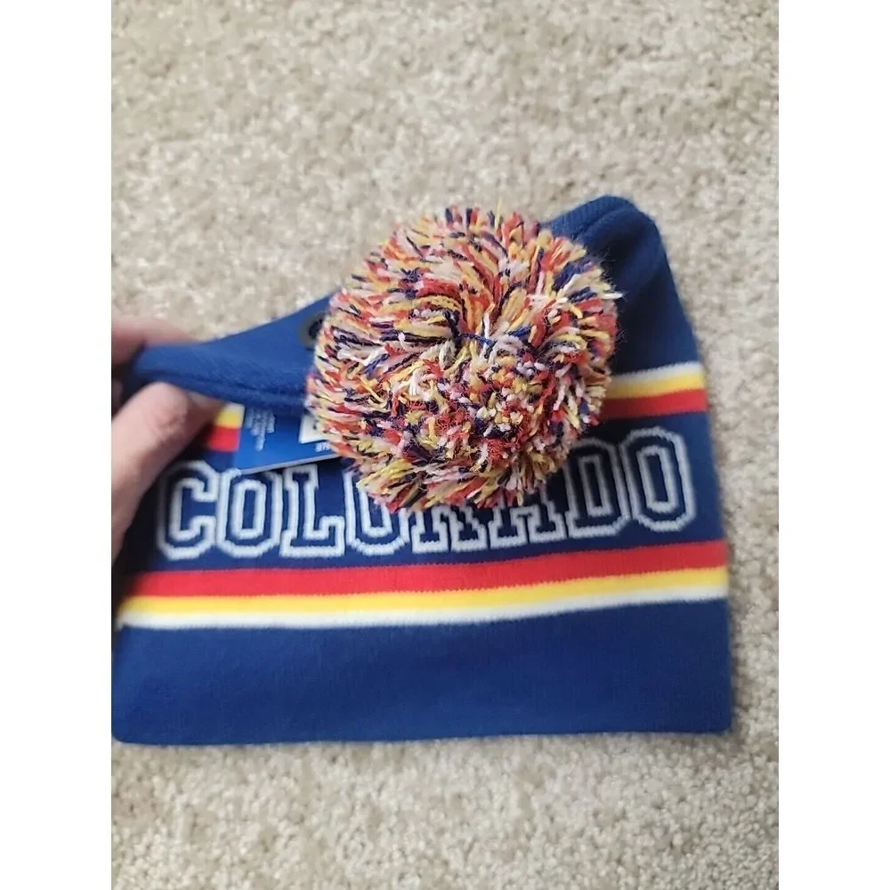 COLORADO‎ Beanie Cap Knit Toboggan Pom Pom Puff Purple Pink White Striped Winter